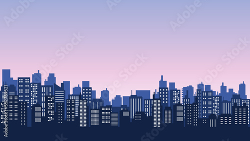 Beautiful city silhouette in the evening with sunset around high rise apartment