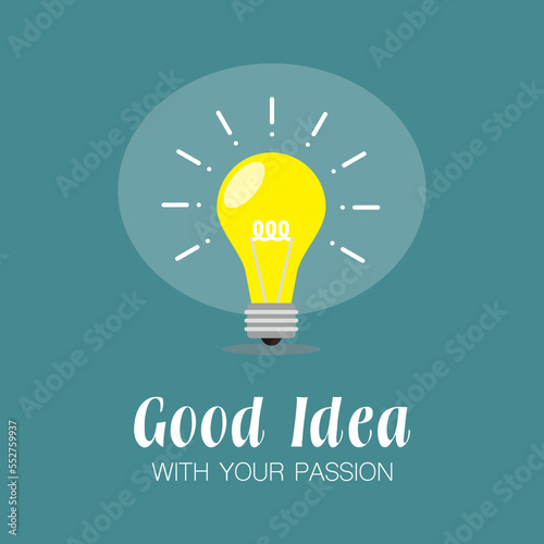 良いアイデアがひらめいた瞬間をフラットデザインで描いた明るく輝く電球アイコンのベクターイラスト