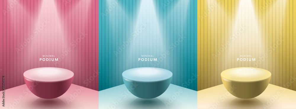 Set of abstract 3D room with realistic cylinder pedestal stand podium ...