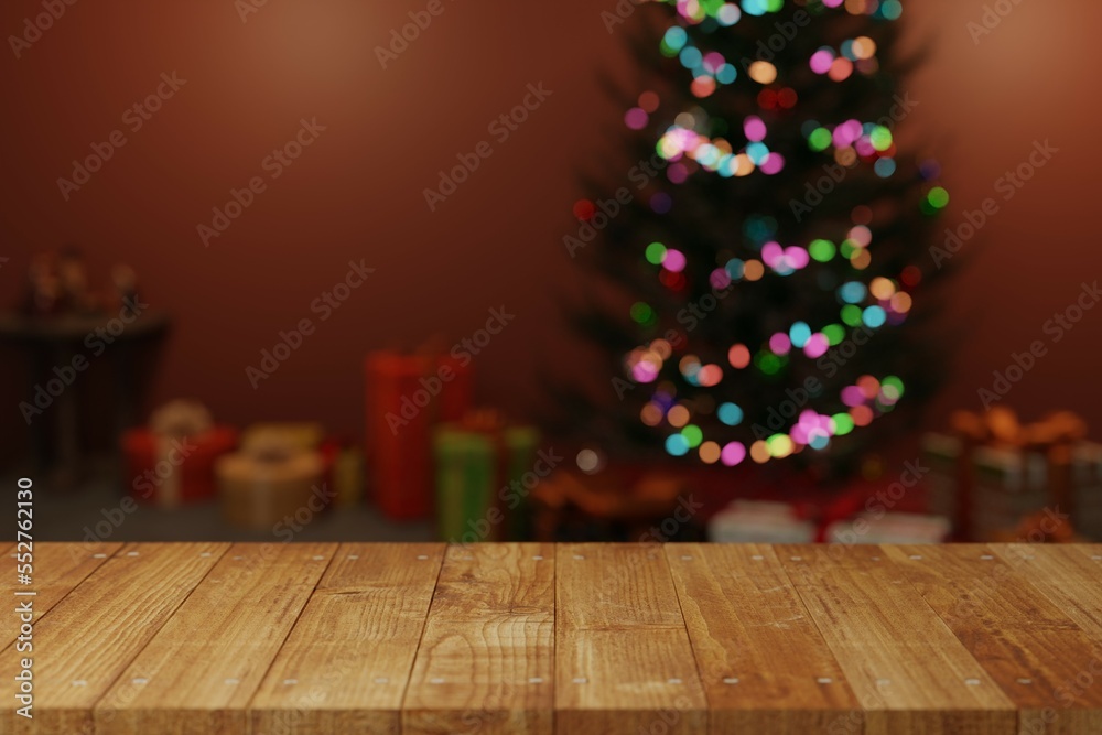 Blank Wooden Table with christmas tree and box in a background Blank Wooden Table with christmas tree and box in a background