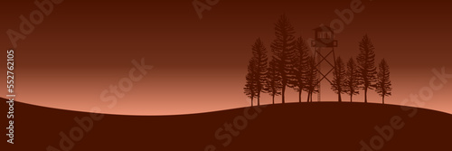 sunrise at mountain with pine tree silhouette flat design vector  illustration good for web banner, ads banner, tourism banner, wallpaper, background template, and adventure design backdrop