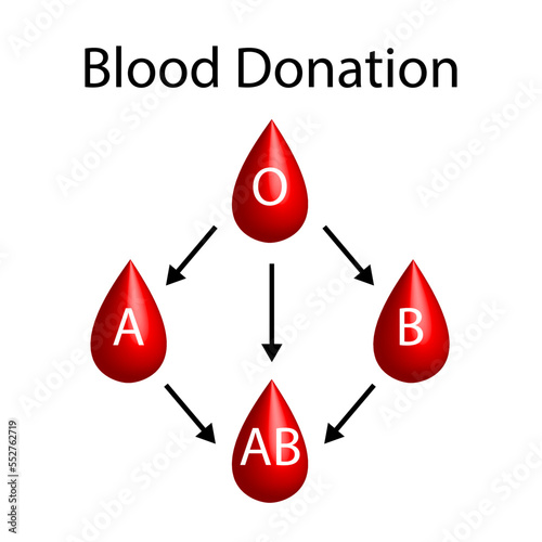Blood compatibility, Blood donation, ABO Blood groups droplets., four blood types, A,B, AB and O groups, made up from combinations of the type A and type B antigens. Vector illustration.