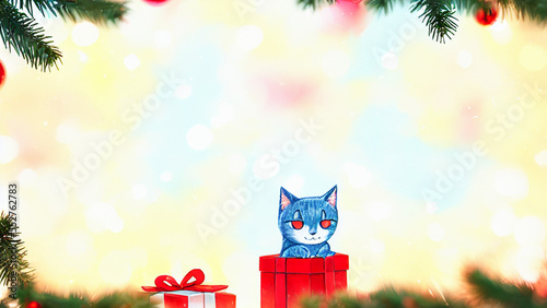 Beautiful holidays decoration background with a cute cat