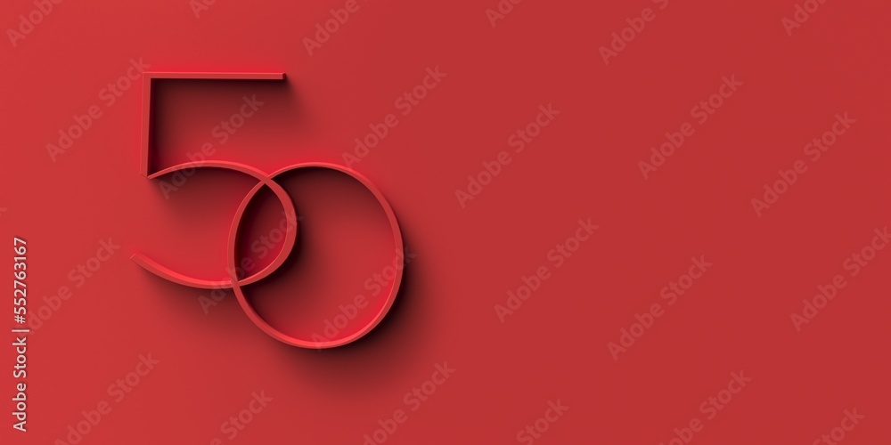 Volumetric figure 50 on a red background. 3d render - obrazy, fototapety, plakaty 