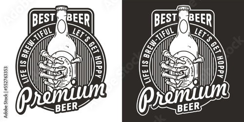 Skeleton with beer bottle in bone hand for design of label or poster. Brewery emblem, craft beer vector logo or print for pub, bar or beer store