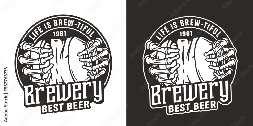 Beer crumpled can in bone hand for drink shop or old brewery. Craft beer vector logo or emblem with skeleton and metal tin for label design of bar and pub