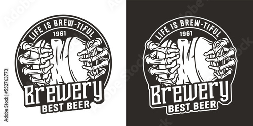 Beer crumpled can in bone hand for drink shop or old brewery. Craft beer vector logo or emblem with skeleton and metal tin for label design of bar and pub