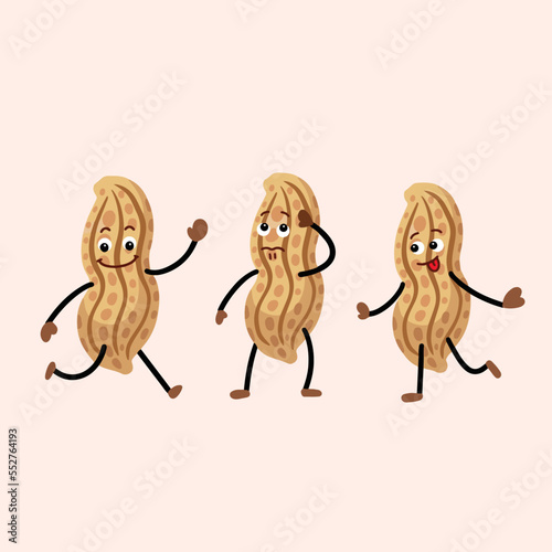 Peanut vector character with multiple trio face and body expression mascot. Food illustration with funny cartoon simple flat style isolated on plain background.