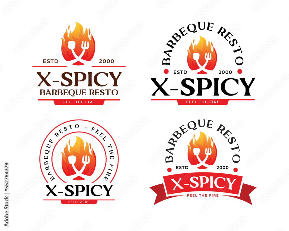 Set of Fire logo design with spoon and fork in negative space, modern vintage logo style