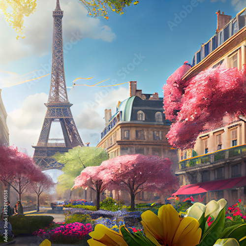 romanti Paris cityscape with view on the famous Eiffel Tower on a cloudy spring day with flowers, Paris France