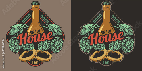 Beer logo or emblem with bottle, hops and onion rings for bar or pub. Print or label for drink beer shop or brewery