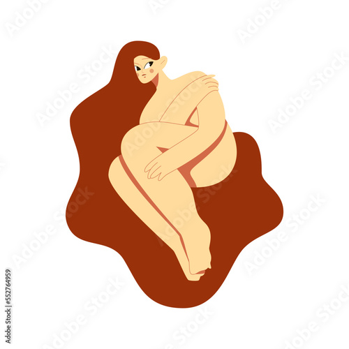 lying curled up, fetal position, defenseless, sadness, loneliness, naked girl, abused, raped, emotionally abused, depression, hugging, calm down, vector flat illustration, concept