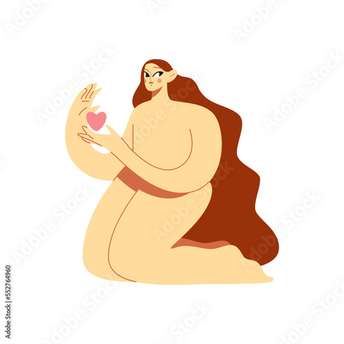 young girl kneels guarding the heart, love, vector flat illustration, concept, isolated on white background design
