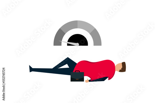 burnout from overwork routine, fatigue tried businessman in suit lay down on the floor with his suitcase with no battery sign.