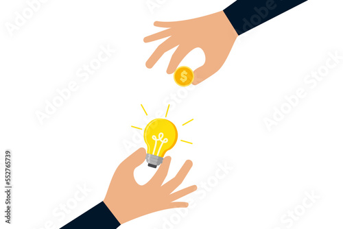 Crowd funding, start up company to get money, businessman hand giving money dollar coin to new business idea light bulb