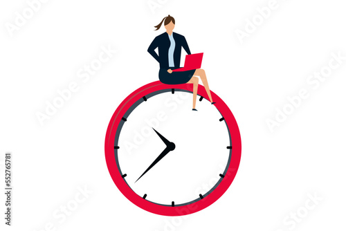 Flexible working hours, young man working with laptop on clock face.
