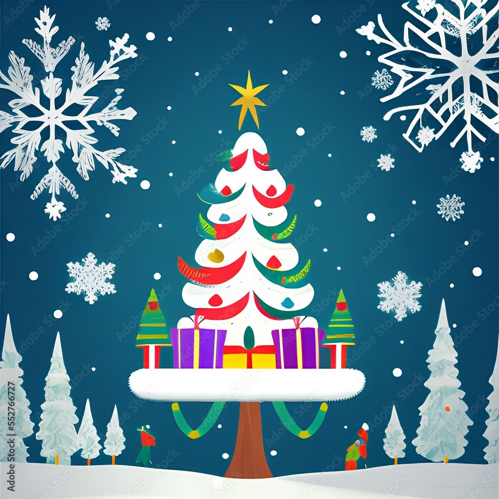 Cartoon background of Christmas tree and Christmas gift, illustration.Generative AI