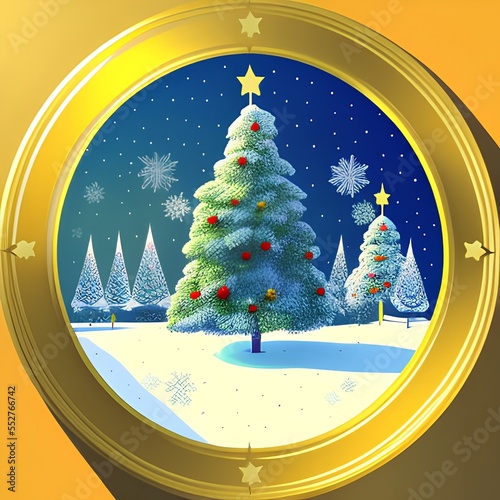 Cartoon background of Christmas tree and Christmas gift, illustration.Generative AI