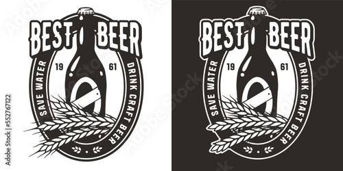 Craft beer vector logo with bottle and barley for brewery or factory. Emblem or print with grains of wheat and drink for pub, bar or beer store