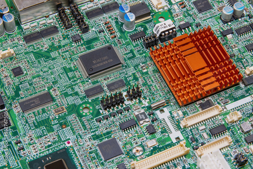 Details of electronic board. Close-up of electronic circuit board with SMD components, microcircuits and chips