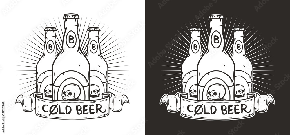 Craft beer pub emblem or vector design for logo of bar with beer bottles. Drink monochrome print or graphic label for brewery or factory