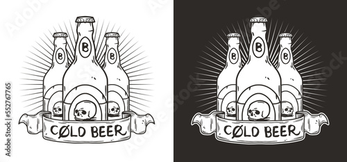 Craft beer pub emblem or vector design for logo of bar with beer bottles. Drink monochrome print or graphic label for brewery or factory