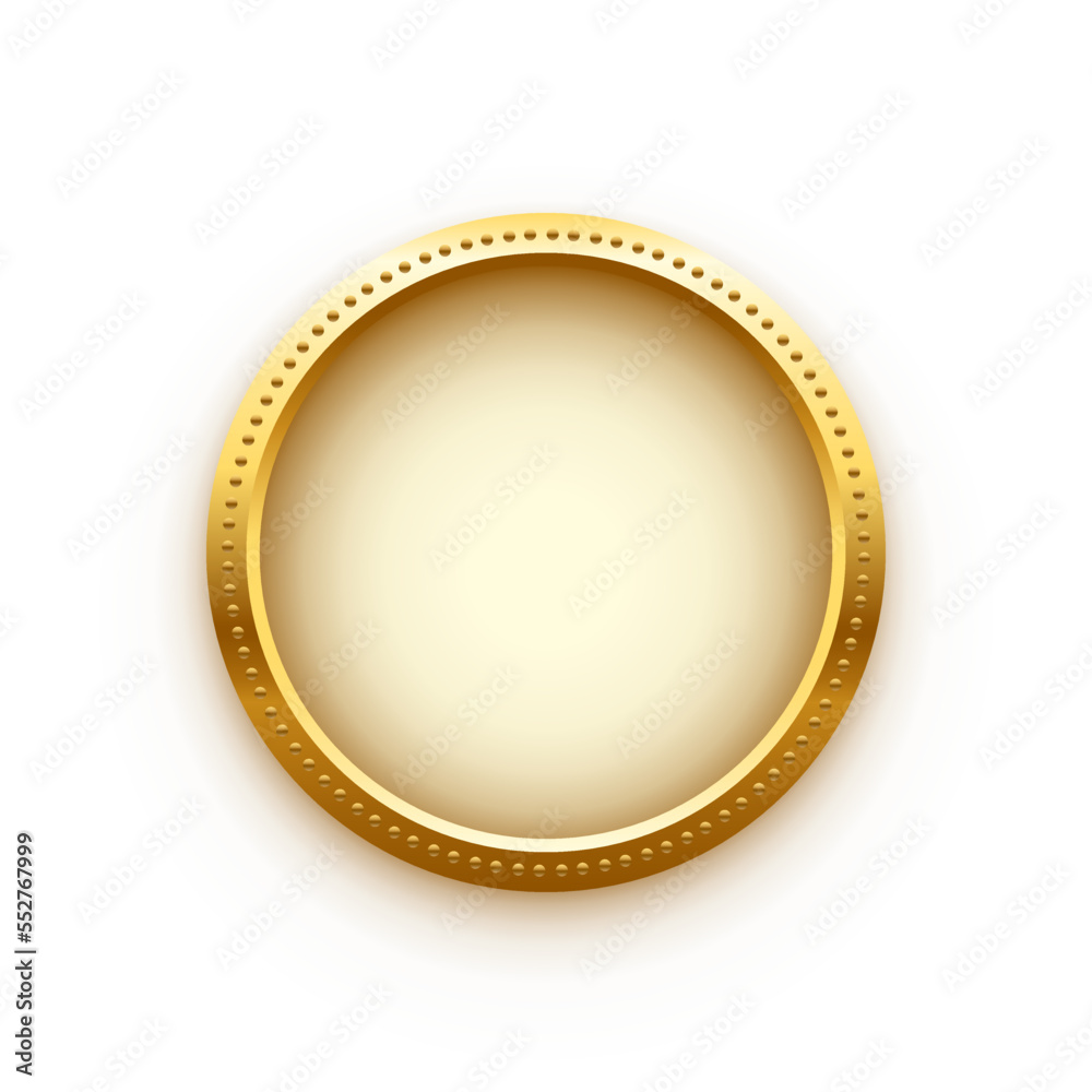 Gold coin vector illustration. 3d realistic golden money cash or treasure sign, isolated shiny medal or premium game prize, front view of metal medallion with round border frame Gold coin vector illustration. 3d realistic golden money cash or treasure sign, isolated shiny medal or premium game prize, front view of metal medallion with round border frame