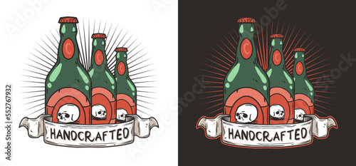 Craft beer pub emblem or vector design for logo of bar with beer bottles. Drink print or graphic label for brewery or factory