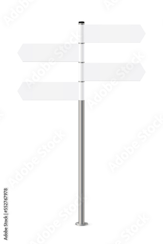 Signpost with blank direction signs on road. Metal pole with white arrow boards vector illustration. Retro steel street post isolated on white background. Simple empty crossroad banners
