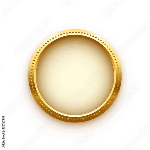 Gold coin vector illustration. 3d realistic golden money cash or treasure sign, isolated shiny medal or premium game prize, front view of metal medallion with round border frame