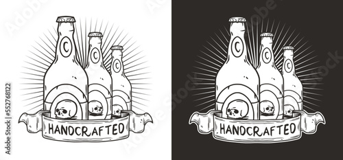 Craft beer pub emblem or vector design for logo of bar with beer bottles. Drink monochrome print or graphic label for brewery or factory