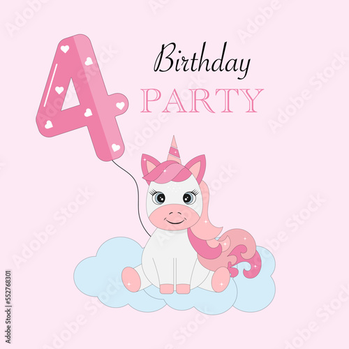 An invitation to the fourth birthday. A unicorn with pink hair.