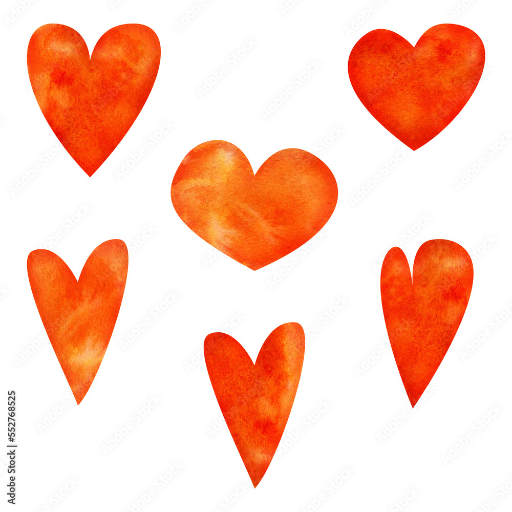 Watercolor hand drawn set of objects, textured red, pink and orange hearts for Valentine's day. Isolated on white background. Design for paper, love, greeting cards, textile, print, wallpaper, wedding Watercolor hand drawn set of objects, textured red, pink and orange hearts for Valentine's day. Isolated on white background. Design for paper, love, greeting cards, textile, print, wallpaper, wedding