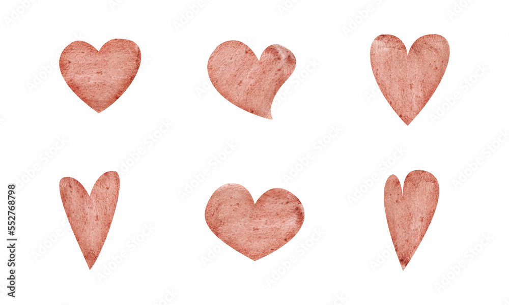 Watercolor hand drawn set of objects, textured beige hearts for Valentine's day. Isolated on white background. Design for paper, love, greeting cards, textile, print, wallpaper, wedding