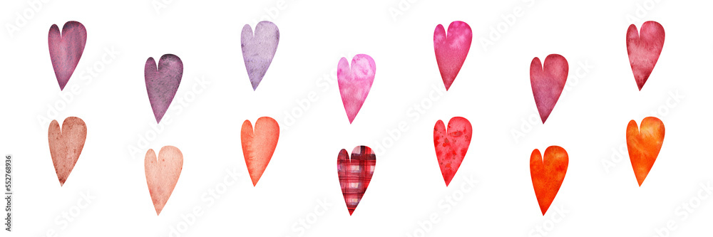 Watercolor hand drawn set of objects, textured red, pink and purple ...