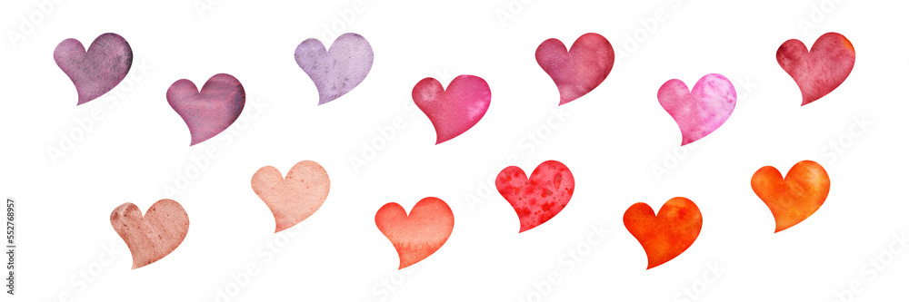 Watercolor hand drawn set of objects, textured red, pink and purple ...