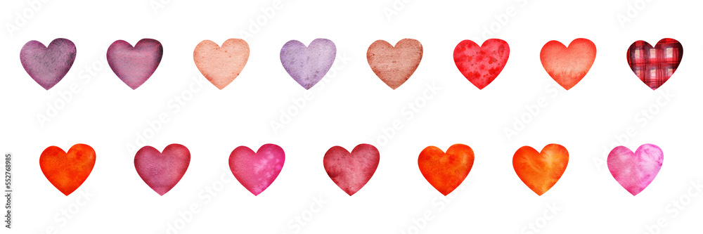 Watercolor hand drawn set of objects, textured red, pink and purple hearts for Valentine's day. Isolated on white background. Design for paper, love, greeting cards, textile, print, wallpaper, wedding