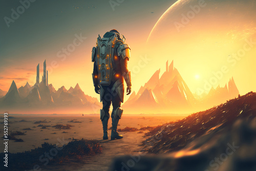 lonely person with a backpack walking on a other planet, sunset, discovery,generative ai