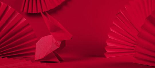 Chinese New Year 2023 .Decor pattern fan on red background. Red paper fans .Lunar New Year banner template. Color of the year 2023 Lunar New Year,chinese banner