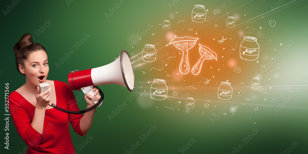 Young person with megaphone and healthy food icon Young person with megaphone and healthy food icon