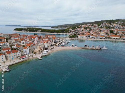 Primosten town and harbour Croatia drone aerial view © steve