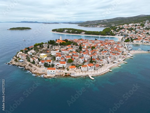 Primosten town Croatia high angle wide shot drone aerial view © steve