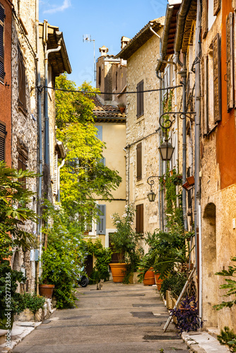 Fototapeta Naklejka Na Ścianę i Meble -  Narrow streets and colorful historic houses of old town quarter with Rue de la Coste street in medieval riviera resort of Vence in France