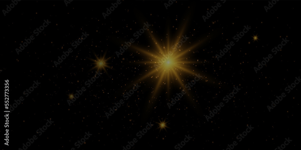 Sparks of dust and golden stars shine with a special light. Vector sparkles on a black background. Christmas light effect. Sparks of dust and golden stars shine with a special light. Vector sparkles on a black background. Christmas light effect.