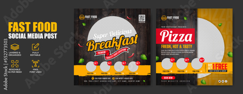 Fast food restaurant social media banner post template with abstract background, logo and business icon. Healthy food menu marketing web poster. Pizza, burger or hamburger online sale promotion flyer.