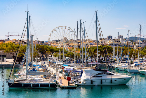 Panoramic view of Vauban port and yacht marina with medieval Bastion Saint Jaume walls onshore Azure Cost of Mediterranean Sea in Antibes resort town in France photo