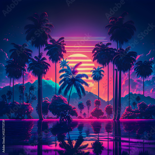 Synthwave sunset   landscape with palm trees  retro wave illustration