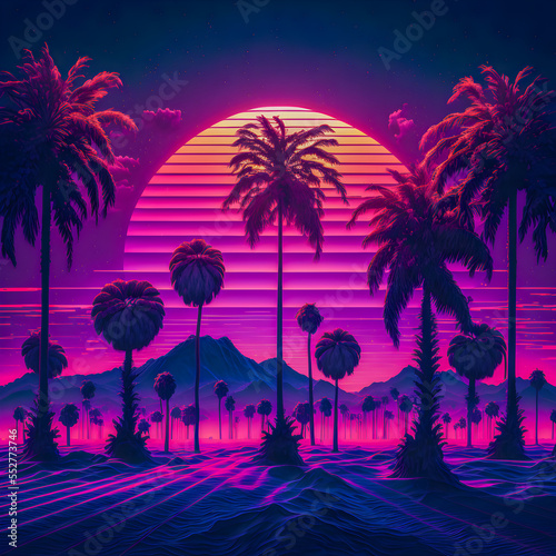 Synthwave sunset, landscape with palm trees, retro wave illustration