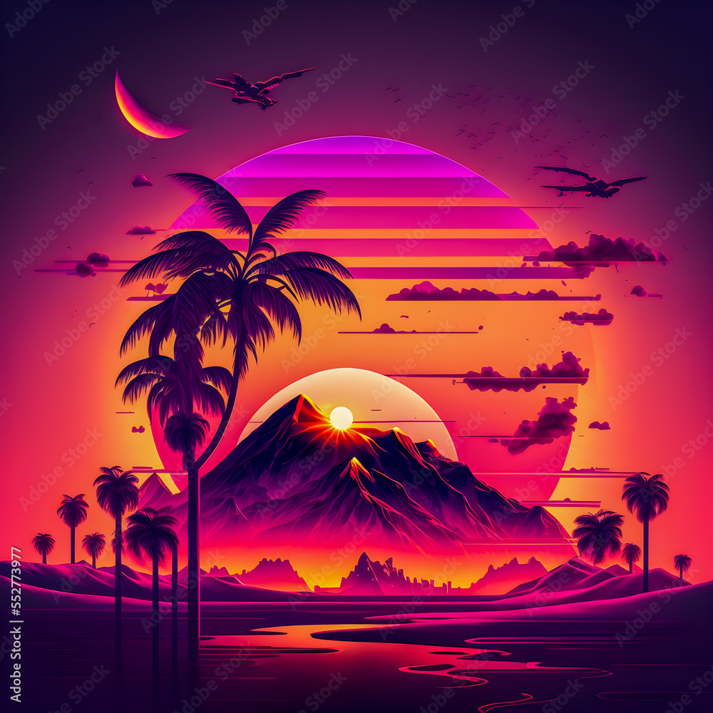 Synthwave sunset,  landscape with palm trees, retro wave illustration