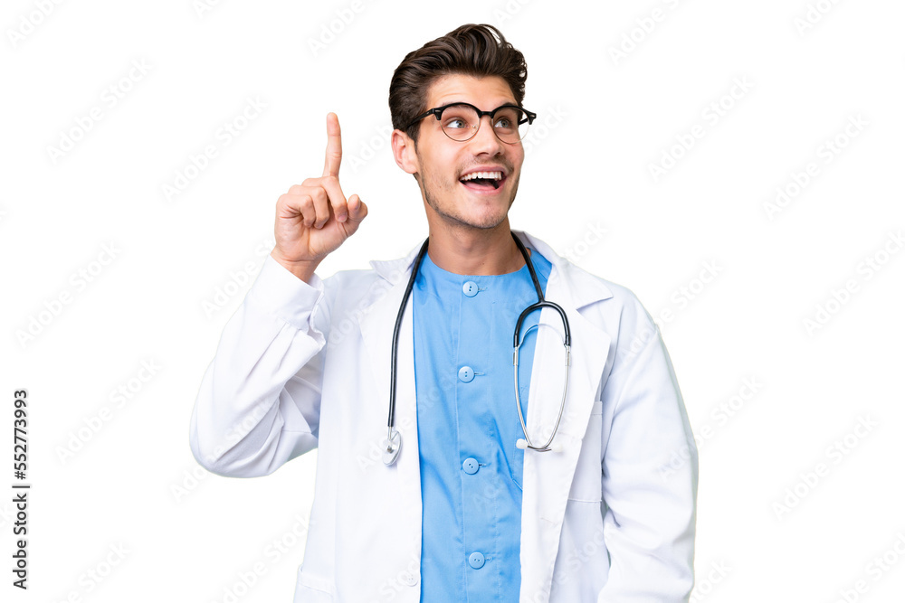 Young doctor man over isolated background intending to realizes the solution while lifting a finger up
